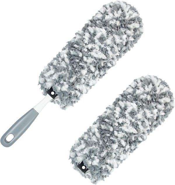 Lint Free Microfiber Duster with an Extra Washable and Reusable Duster Head, Dusters for Household Cleaning，Gray