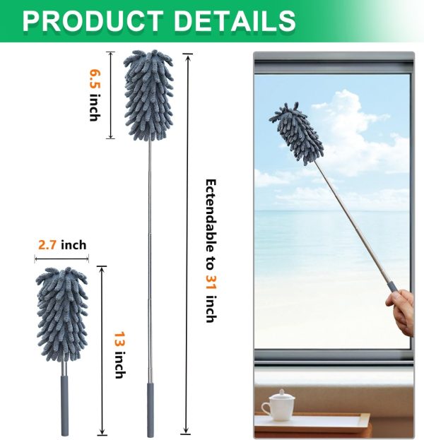 2 Pack Microfiber Duster for Cleaning, Washable Dusters, Extendable Pole, Up to 30 Inch Reachable, Wet and Dry Use Cleaning Tools for Car, Ceiling Fan, Window, Furniture, Office