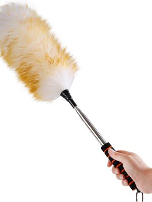 Lambswool Extendable Cleaning Duster 26-64 Inch, Anti-Static Wall Duster Cleaner with Sponge Grip and Stainless Steel Extension Pole for High Ceiling Fan, Interior, and Roof Dusting - Yellow & White