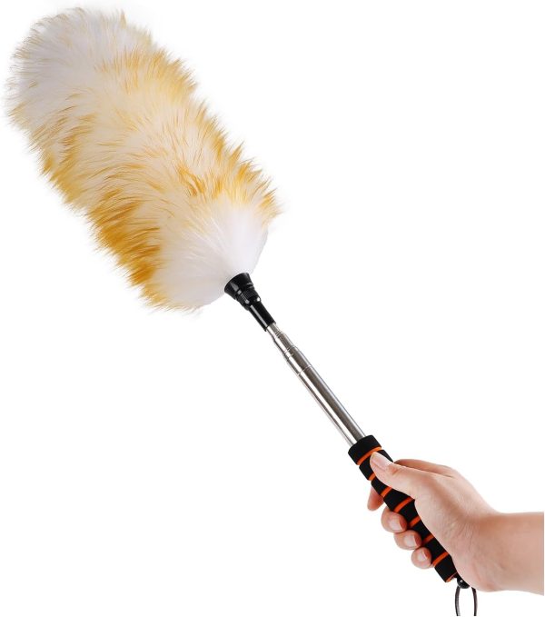 Lambswool Extendable Cleaning Duster 26-64 Inch, Anti-Static Wall Duster Cleaner with Sponge Grip and Stainless Steel Extension Pole for High Ceiling Fan, Interior, and Roof Dusting - Yellow & White