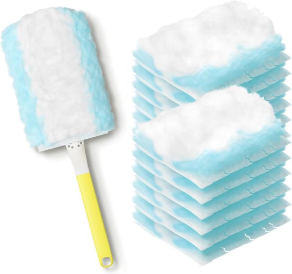 Disposable Electrostatic Duster for Cleaning,with 1 Yellow Handles & 12 Ct Blue Heavy Duty Refills for  Feather Duster,Household Cleaning Tool for Electronics,Dusting Furniture,Blinds