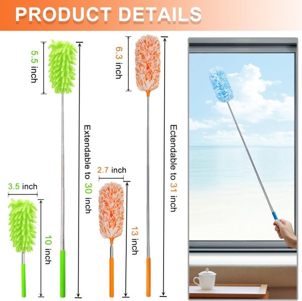 4 Pack 13" to 30" Extendable Feather Duster Kit, Washable Duster Head, Microfiber Duster for Office, Car, Window, Furniture