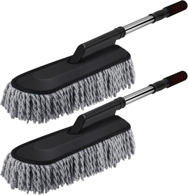 2 Pack Microfiber Car Duster Exterior Scratch Free with Extendable Handle Soft Car Duster Kit for Cleaning Dust Brush Set for Exterior Interior Cleaning Tools (Gray)