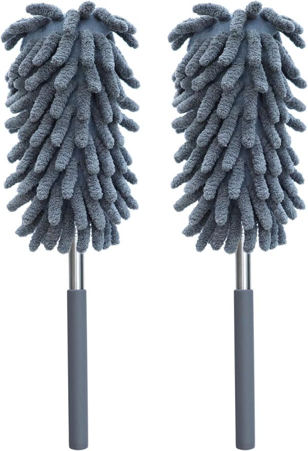 2 Pack Microfiber Duster for Cleaning, Washable Dusters, Extendable Pole, Up to 30 Inch Reachable, Wet and Dry Use Cleaning Tools for Car, Ceiling Fan, Window, Furniture, Office