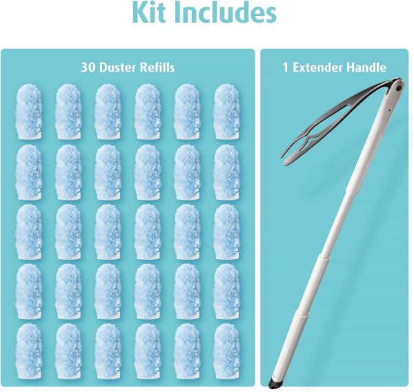 30 Count Heavy Duty Duster Refills with 3 ft Extendable Handle Starter Kit, Disposable Microfiber Feather Dusters for Cleaning Home