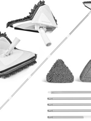 Wall Mop with Long Handle 80 inches, Upgraded 180° Collapsible Baseboard Cleaner Tool with Squeegee, Ceiling Duster with 1 Microfiber and 1 Chenille Pad for Cleaning Window, Cabinet (White)