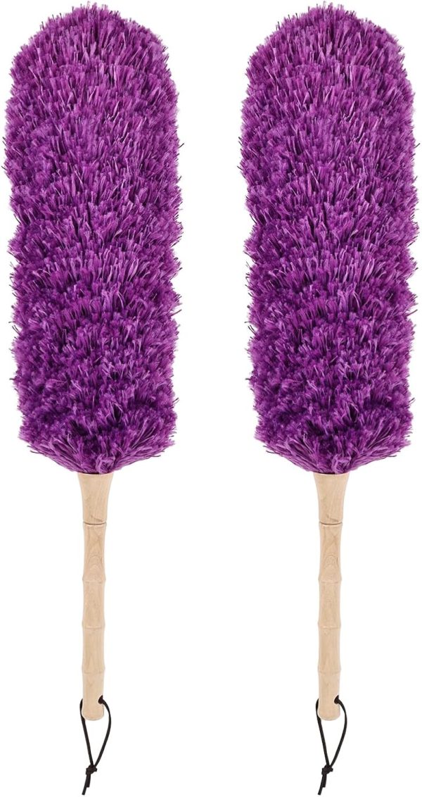 Microfiber Feather Wooden Handle Duster 22 inches Fluffy Fiber Feather Duster Bendable Head Anti-Static Reusable for Household Supplies Cleaning,Purple