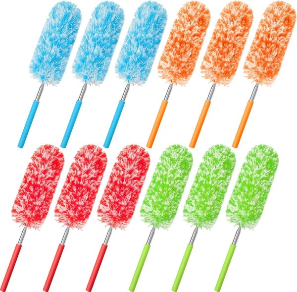 12 Pcs Microfiber Feather Duster for Cleaning 13-31 Inch Extendable Cobweb Dusters Ceiling Fan Duster Washable Bendable Tool for Office Car Window Furniture, 4 Colors (Bright Color)