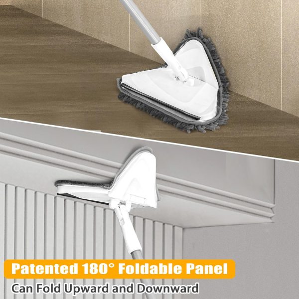 Wall Mop with Long Handle 80 inches, Upgraded 180° Collapsible Baseboard Cleaner Tool with Squeegee, Ceiling Duster with 1 Microfiber and 1 Chenille Pad for Cleaning Window, Cabinet (White)