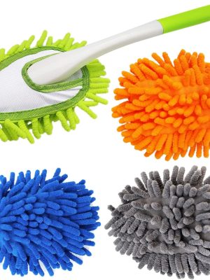 13 Inch Microfiber Feather Duster,with 4 pcs Washable Duster Head, Car Duster, Perfect for Cleaning Windows, Tables, Cars,Furniture, Walls, Fans, Screens